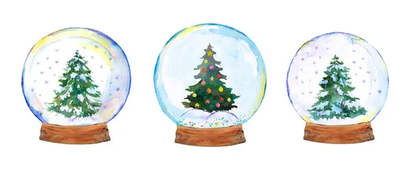 Set med snöglob - Julgran dekorerad med julgranskulor. Akvarell tall, gran i transparent boll med snö, jordglob med jul inredning bunt — Stockfoto