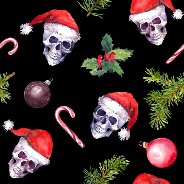 Creepy Christmas skull seamless pattern. Dead heads in red santa hats, candy canes, spruce branches, and decorative baubles. Goth watercolor in grunge style with xmas decor — Stock Photo, Image