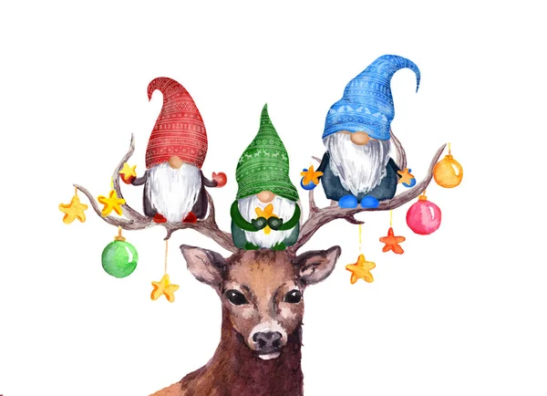 Christmas gnomes on deer horns with baubles and stars. Scandinavian dwarves and cute reindeer animal. Watercolor for xmas, New year — Stock Photo, Image