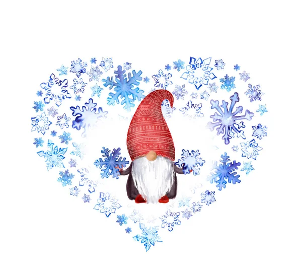 Gnome de inverno com flocos de neve em mãos em coração de neve. Aquarela bonito anão de Natal — Fotografia de Stock