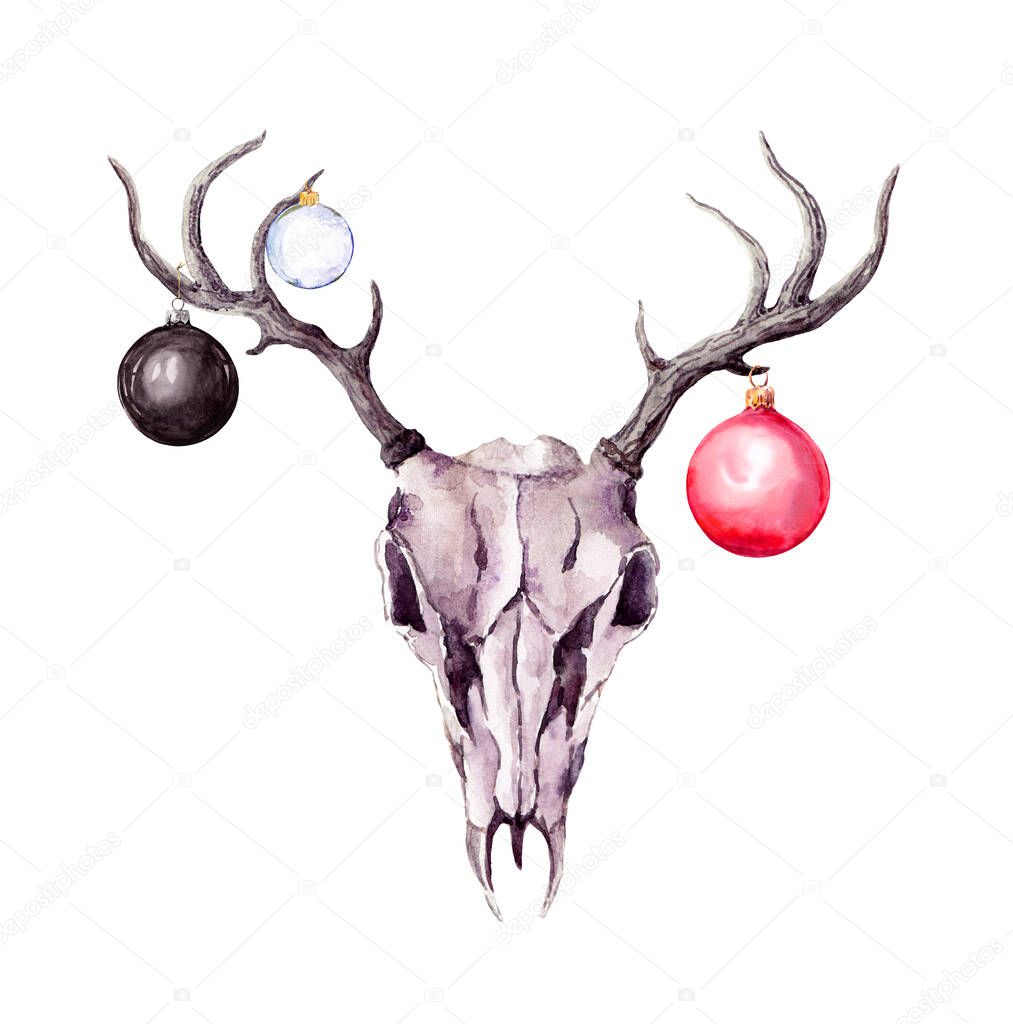 Christmas reindeer skull, decorative xmas baubles. Watercolor creepy dead deer in holiday decoration