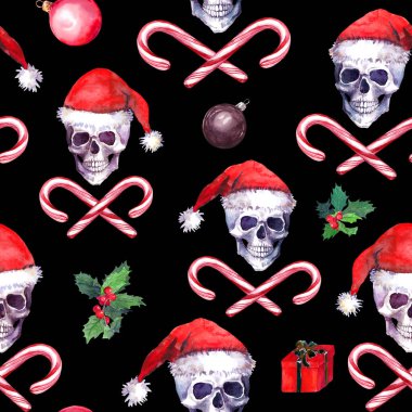 Ürkütücü bir Noel kafatası şekli. Kötü Noel Baba kafatası, baston şeker, ökseotu. Kırmızı şapkalı ölü kafalar. Grunge xmas dekoru içinde gotik suluboya. Sürünen arka plan