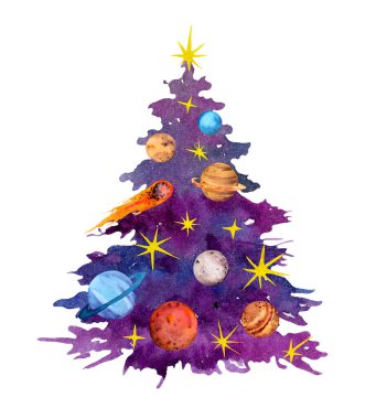 Galaksi uzayı Noel ağacı güneş sistemi gezegenleri ve yıldızlarla süslenmiş. Tatil mücevherleri gibi. Suluboya çam, astroloji için evren dekoru olan ladin, yeni yıl, xmas