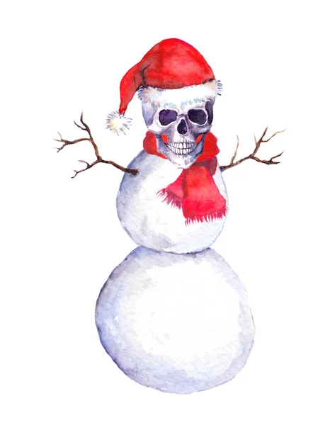 Creeping snowman with dead Santa Claus skull in red hat and scarf. Creepy grunge watercolor snow man for scary Christmas — Stock Photo, Image