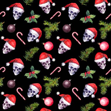 Korkunç bir Noel kafatası deseni. Kırmızı tatil şapkaları, baston şekerler, ladin dalları, ökseotu ve süs eşyası giymiş ölü insanlar. Grunge tarzında ürkütücü bir suluboya.