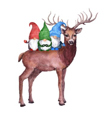 Geyik, Noel cüceleri ailesi. İskandinav cüceleri ve kış ren geyiği hayvanı. Xmas için suluboya, Yeni Yıl