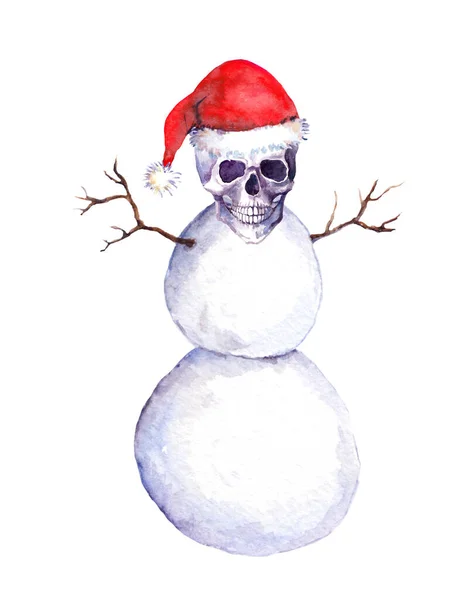 Creepy snowman with skull face in red santa hat. Creeping watercolor snow man for scary Christmas — Stock Photo, Image