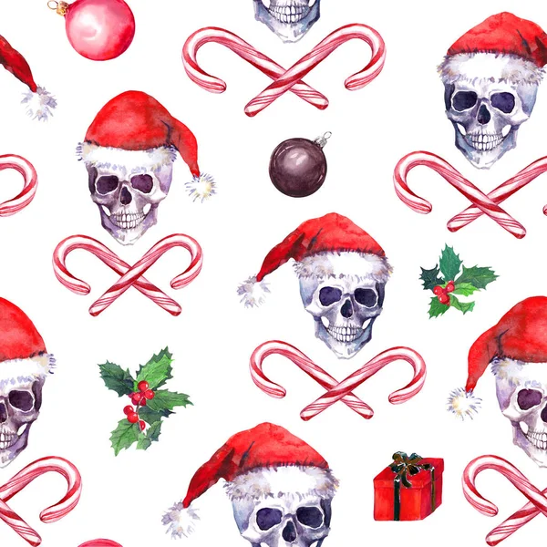 Ürkütücü bir Noel kafatası şekli. Kötü Noel Baba kafatası, baston şeker, ökseotu. Kırmızı şapkalı ölü kafalar. Grunge xmas dekoru içinde gotik suluboya. Sürünen arka plan