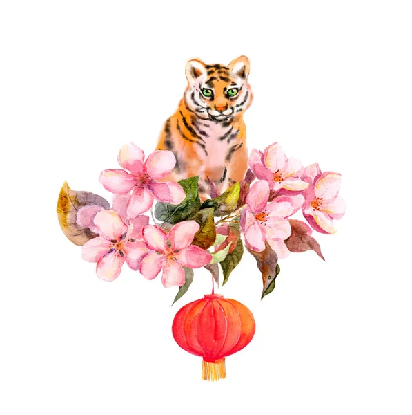 Adorable tiger pet in plum, peach flowers with asian red holiday lantern. Watercolor illustration - animal of chinese new year 2022. — стоковое фото