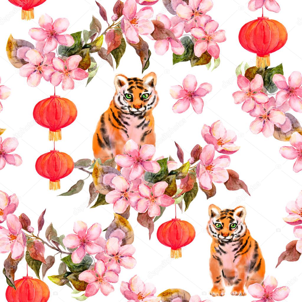 2022 Year of tiger seamless pattern. Cute wild animal pet, spring flowers, cherry blossom, red chinese lantern. Chinese calendar New Year repeating background