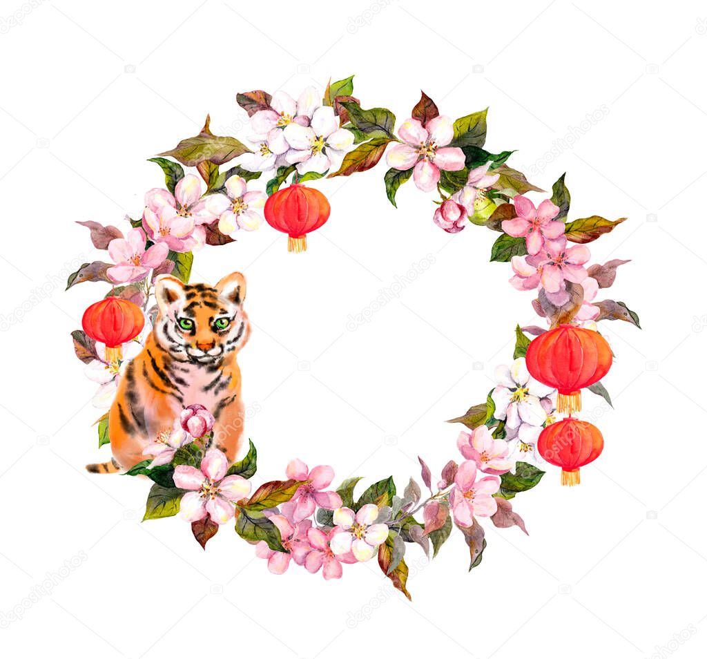 Wreath with tiger pet, pink flowers of plum blossom and red paper lanterns. Watercolor wild animal for chinese new year 2022 - year of Tiger