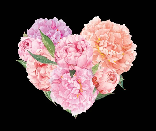 Coração floral com flores de peoni rosa. Aquarela para dia dos namorados, casamento — Fotografia de Stock