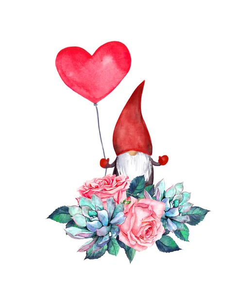 Valentýnský gnóm s balónem ve tvaru srdce v kytici s růžovými růžovými květy, šťavnatými rostlinami a listy. Akvarel květinové ilustrace na Valentýna, svatba, narozeninové přání — Stock fotografie