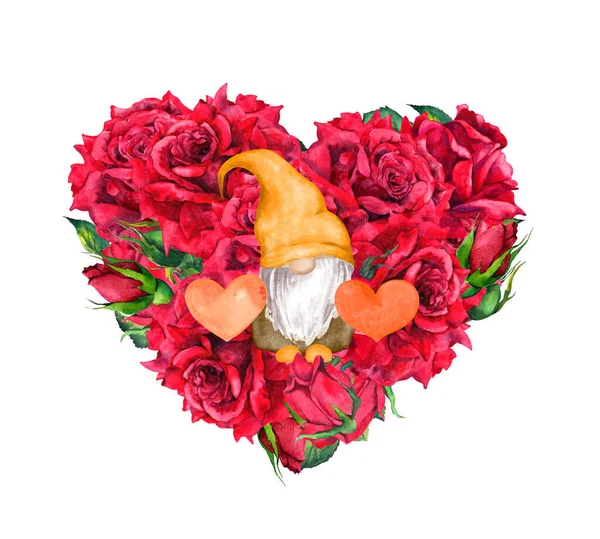 Kytice z červených růží a skřítek. Valentine akvarel pro svatbu, láska, uložit datum karty — Stock fotografie