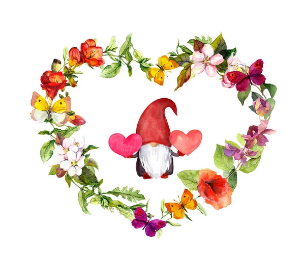 Gnome bonito, corações nas mãos em forma de coração moldura floral. Flores de prado aquarela para casamento, design de amor, floral salvar cartão de data, dia dos namorados — Fotografia de Stock