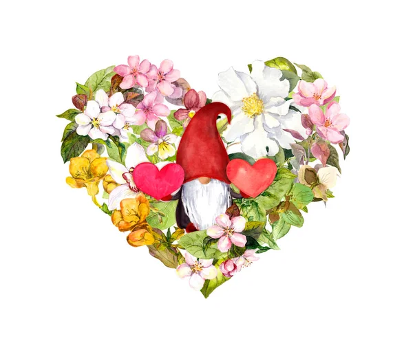Leuke kabouter, bloemenhart met weidebloemen. Aquarel liefde illustratie voor Valentijnsdag, bruiloft, sparen datum kaart, Moederdag — Stockfoto
