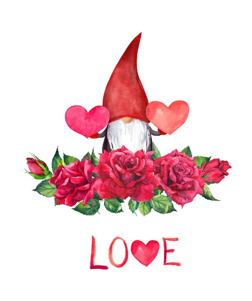Láska gnóm v červené růže kytice se srdcem v rukou. Valentýn akvarel s květinami, romantický trpaslík na svatbu, svatební design — Stock fotografie