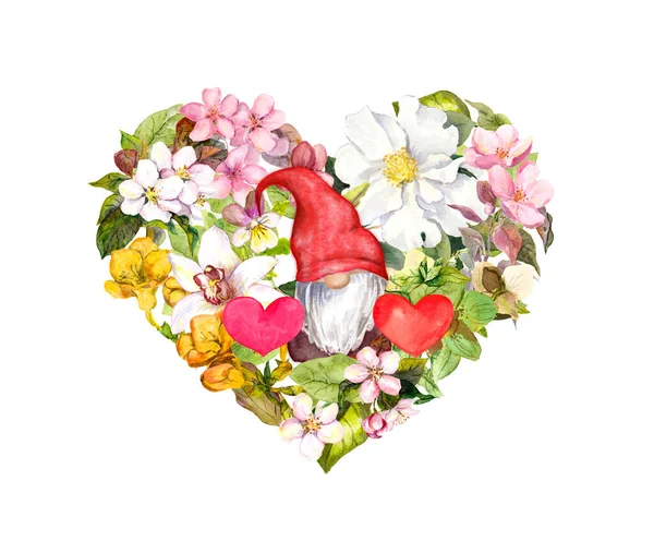 Αγάπη gnome με καρδιά στα χέρια σε meafow λουλούδια μπουκέτο. Λουλούδια ακουαρέλας για γάμο, σχέδιο αγάπης, floral save date card — Φωτογραφία Αρχείου