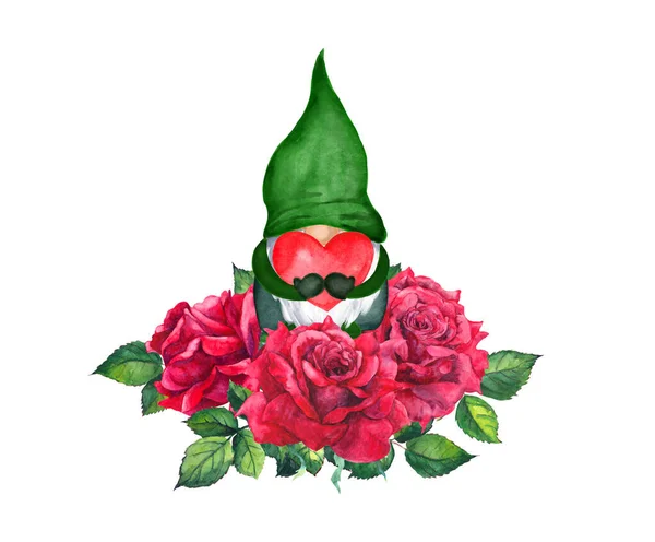 Gnome de Saint-Valentin avec coeur en roses rouges. Bouquet de fleurs aquarelle avec symbole d'amour. Mariage, enregistrer la conception de la date — Photo