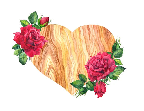 Drewniane serce z czerwonymi różami. Akwarela ręcznie malowany symbol miłości na Walentynki z tekstury drewna i bukiet kwiatowy — Zdjęcie stockowe