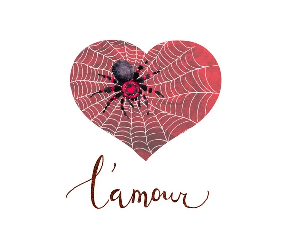 Araña con corazón, texto Lamour - Amor en inglés. Ilustración espeluznante de San Valentín. Acuarela pintado símbolo de boda grunge miedo —  Fotos de Stock