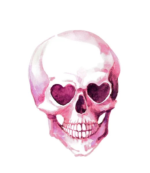 Cráneo humano espeluznante de Valentine con corazones en los ojos. Acuarela rastrera gótica asustadiza, diseño rizado, boda inusual, tarjeta de fecha de ahorro — Foto de Stock