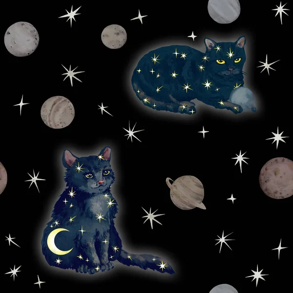 Kucing malam dengan bintang, planet dan bulan. Mystic watercolor hewan dengan konstelasi di langit hitam. Pola ruang angkasa fantastis mulus untuk esoterik, alam semesta mengulangi latar belakang — Stok Foto
