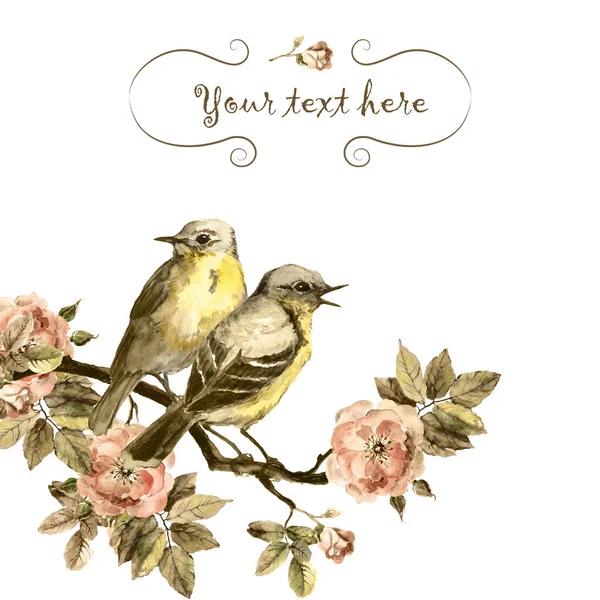 고풍 스러운 인사 카드에 역풍의 새와 장미꽃을 곁들인 카드 — 스톡 사진