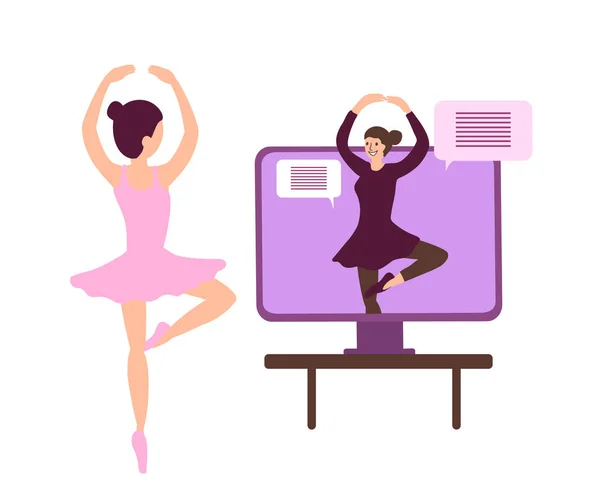 Balett avlägsen utbildning vektor illustration. Flicka studerar dans genom visning med online-anslutning med dansare. Fjärrkurs i dans via internet i covid lockdown, isolering — Stock vektor