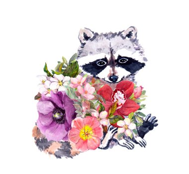 Çiçekli şirin rakun hayvanı. Suluboya çiçek çizimi