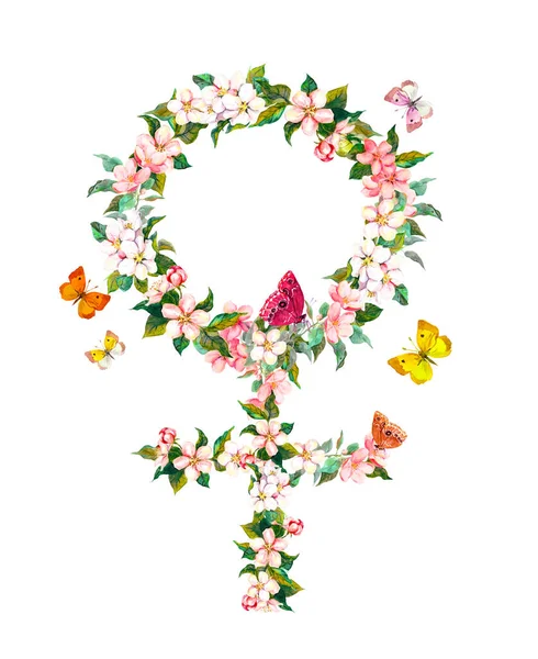 Meisje macht illustratie, bloemen aquarel met kersenbloesem bloemen en vlinders. Botanische vrouwelijke symbool voor 8 maart kaart, feminisme teken — Stockfoto