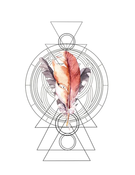 Перо с треугольниками и кругами акварельной иллюстрации. Геометрический, мистический, магический, астрологический символ дизайна футболок — стоковое фото