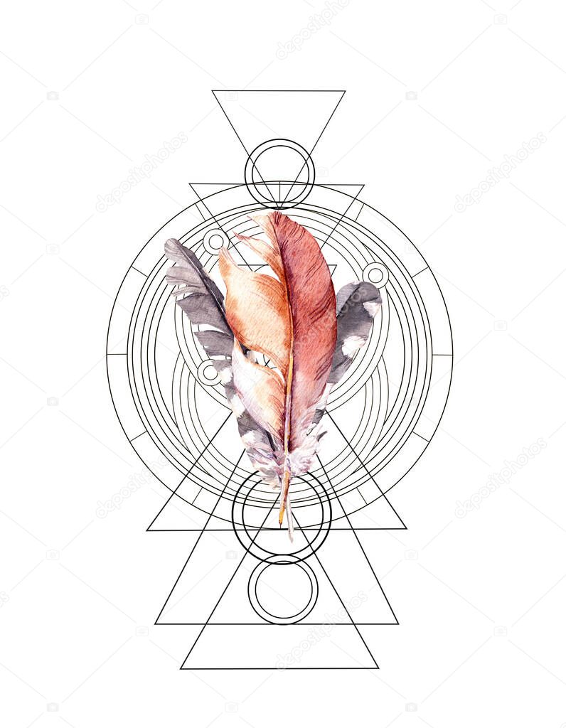Feather with triangles and circles watercolor illustration. Geometrical shapes, mystic, magical, astrological symbol for t shirt print design