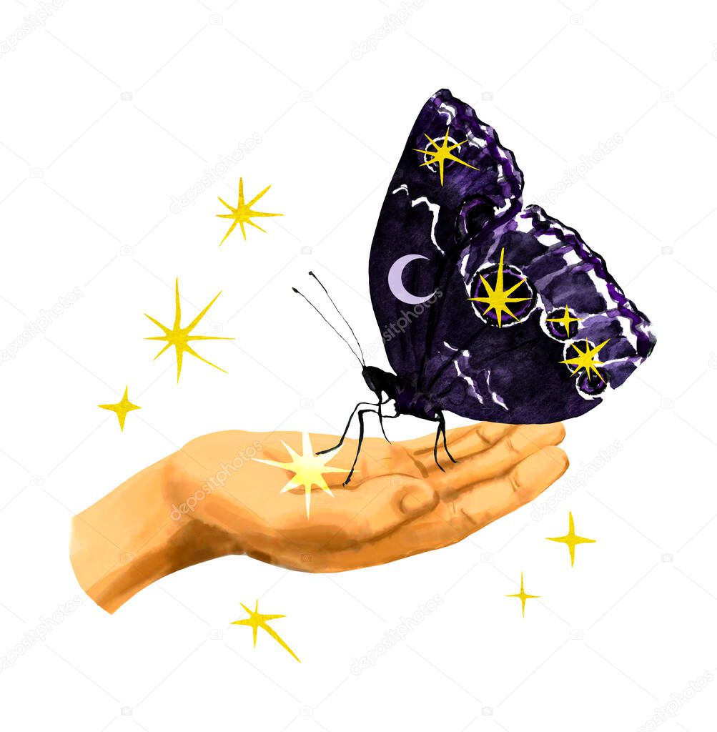 Hand holding mystical night butterfly with moon and stars. Celestial sacred illustration with space moth. Watercolor beautiful esoteric, occult design