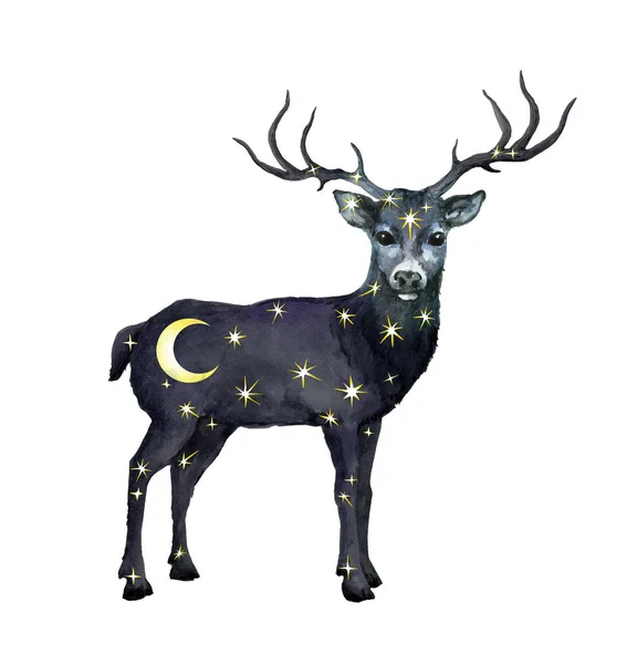 Veado celestial com universo - estrelas e lua. Bonita fantasia aquarela animal com céu noturno, espaço para tatuagem mistério, design do universo — Fotografia de Stock