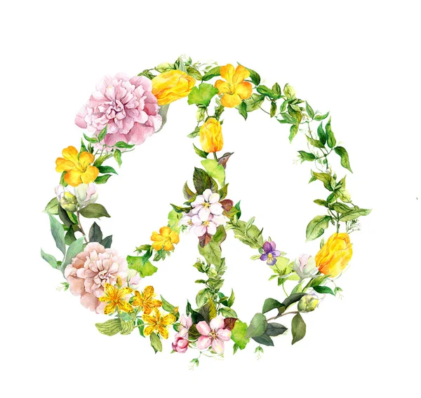 Frieden, Pazifismus Zeichen mit Blumen, Gras und Blättern. Antikriegs-Aquarell-Illustration mit nicht kriegsblumigem Symbol — Stockfoto