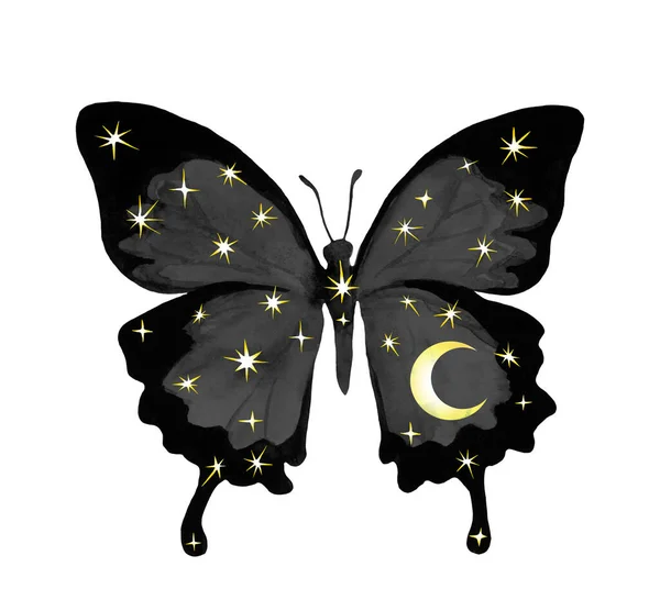 Hemelse vlinder met sterren en maan. Prachtige fantasie aquarel insect met nachtelijke hemel, ruimte voor esoterische tatoeage, universum ontwerp — Stockfoto