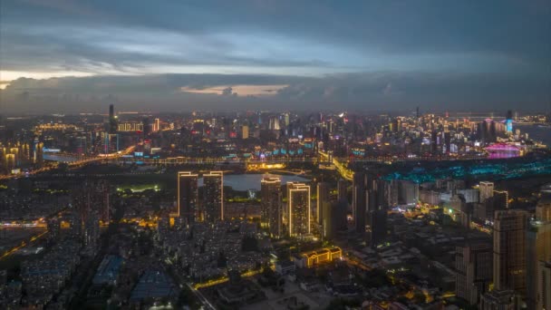Wuhan Stad Skyline Nacht Luchtfotografie Landschap — Stockvideo