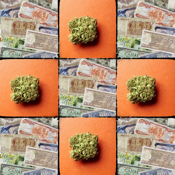 Наркотики и деньги, марихуана и валютный фон — стоковое фото