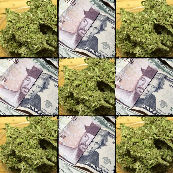 Ναρκωτικά και τα χρήματα, μαριχουάνα και νόμισμα φόντο — Φωτογραφία Αρχείου