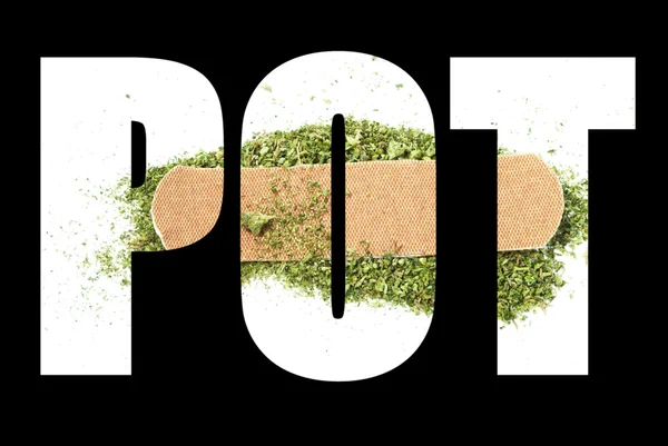 Marihuana nagłówek, tekst i obraz, garnek — Zdjęcie stockowe