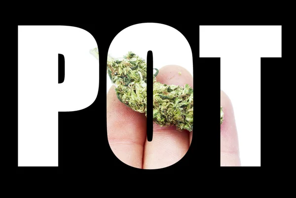 Заголовок марихуаны, текст и изображение, горшок — стоковое фото