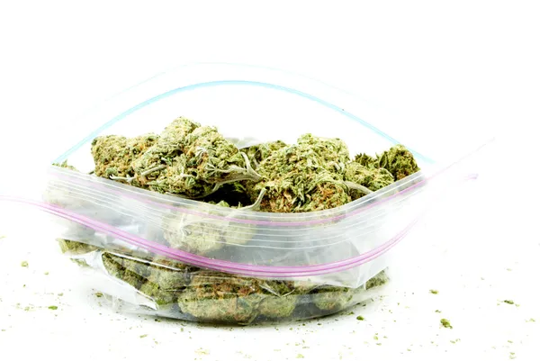 Um saco de erva. Marijuana e Cannabis em fundo branco — Fotografia de Stock