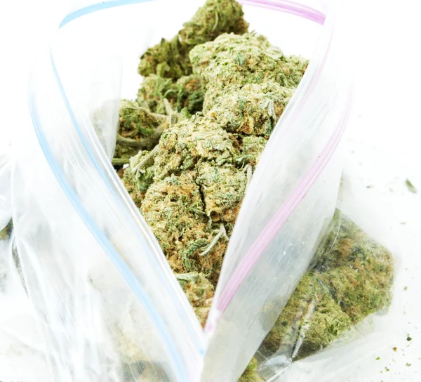 Bolsa de hierba. Marihuana y Cannabis en Fondo Blanco —  Fotos de Stock