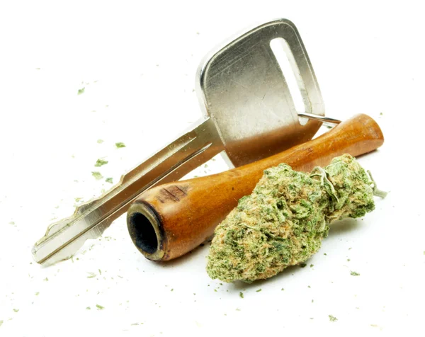 Driving Stoned, Car Key and Marijuana, High Driving Under the Influence of Cannabis — Stock Photo, Image