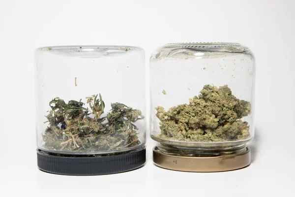 Marijuana Och Cannabis Knoppar Glasburkar Vit Bakgrund — Stockfoto