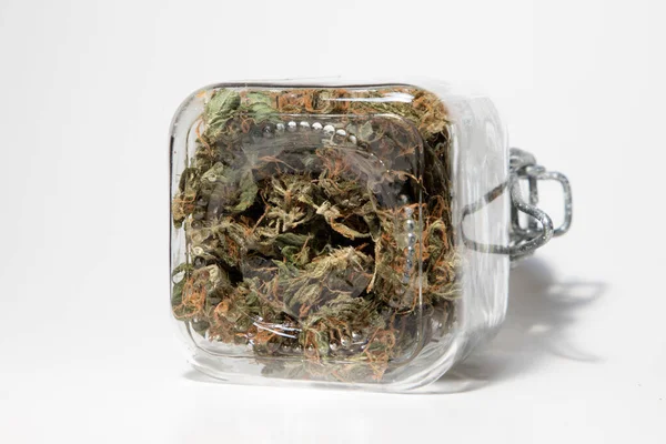Marijuana Cannabis Buds Glass Jar White Background — 图库照片