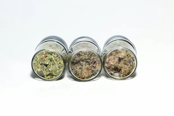 Closeup Marijuana Buds Glass Jars Isolated White Background — ストック写真
