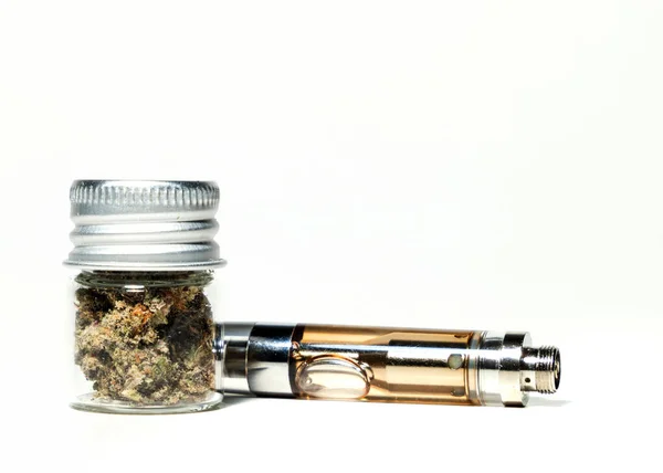 Closeup Marijuana Buds Glass Jars Vape Isolated White Background — Stockfoto