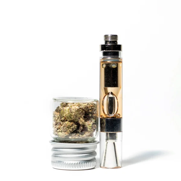 Closeup Marijuana Buds Glass Jars Vape Isolated White Background — Stok fotoğraf